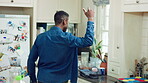 Man, baking and dance in kitchen, fun and celebration for culinary skills or active for achievement. Dancer, rhythm and black person with ingredients for meal prep, happy and move with energy in home