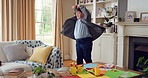Active, man and dance in lounge, education and celebration for finished project on laptop or success. Student, rhythm and person with down syndrome on study break, achievement and movement in home