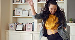 Dancing, home and happy woman with music, vibe or energy for fun holiday, weekend or groove. Excited, female person or dancer with playful movement in living room for audio or celebration in house