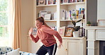 Dancing, weekend and child with music in home for energy, practice and good mood for groove. Moving, dancer and girl with confidence for movement, rhythm and expression with radio in living room