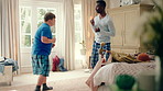 Dancing, friends and men with smile in bedroom, weekend bonding and moving together for connection. Laughing, roommate and happy person with down syndrome in home, morning fun and groove to music