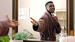 Mirror, dancing and man with toothbrush for dental care, wellness or grooming with smile in bathroom. Happy, reflection and black person with oral hygiene equipment, rhythm and celebration in home