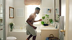 Happy, bathroom and energy with black man dancing for fun morning routine or hygiene in home. Excited, playful or male person with smile, grooming or vibe for body care, wash or cleaning in house