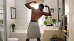 Bathroom, black man and flex with mirror for fitness, strength and point for self motivation. Back, muscle or person at home with pride for power, exercise progress and morning routine with growth