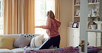 Dancing, music and child with headphones in home for energy, practice and choreography. Happy, dancer and girl with radio, audio and playlist for movement, rhythm and streaming for hobby on weekend