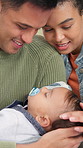Sleeping, relax and baby with parents outdoor for support, love and early childhood development. Care, comfort and infant kid with mom and dad for nap with dream, safety and bonding in nature.