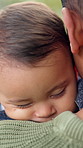 Sleeping, relax and baby by father outdoor for support, love and early childhood development. Care, comfort and infant kid with dad for afternoon nap with dream, safety and bonding in nature.