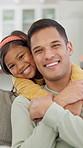 Hug, face and father with child on sofa for bonding, connection and trust in home. Happiness, love and portrait with man and girl or daughter for relationship, affection and parenting on weekend