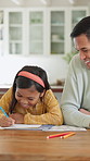 Learning, drawing and father with child in home for bonding, development and happiness. Education, helping and man smile with girl and teaching or color pencils for creativity, fun and homework