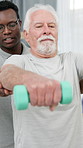 Physiotherapy, dumbbell and person with senior man for mobility, wellness and healing for arthritis. Healthcare, physical therapist and patient with weights for medical service, recovery and exercise