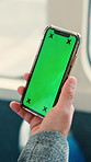 Person, hands or tourist with phone screen in bus for destination, tour guide or trip in city street. Traveler, user or passenger with smartphone display or mockup space for UI, UX or navigation app