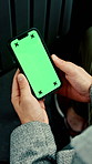 Person, hands or passenger with phone screen in bus for destination, tour guide or trip in city. Traveler, user or tourist with smartphone display or mockup space for UI, UX or navigation app in town