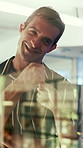 Man, fist bump or brainstorming with glass wall for agenda, planning or project management. Sticky note, business people and creative review in office for teamwork, problem solving or development