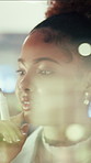 Black woman, thinking and smile with glass wall for agenda, planning or project management. Bokeh, business person and creative review in office for support strategy, problem solving or research
