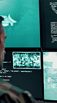 Man, army or surveillance with code in control room for nuclear warfare or guidance system. Back view, male person or soldier programming GIS software on computer screen for radar or military defense