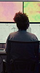 Woman, weather and computer screen with data, climate and digital analysis for forecasting at office. Person, ui and satellite on tech, info or monitor with review, storm development and meteorology
