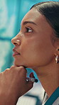Woman, online and serious with decision in control room, computer screen or environmental management. GIS analyst, climate change and person with tech for spatial analysis, planning and reflection