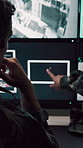 Man, army or surveillance with drone in control room for air attack or guidance system. Back view, male person or soldiers with computer screen, radar or navigation for military operation or defense