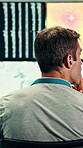 Thinking, man and research with computer screen in control room, online or environmental management. GIS analyst, decision and mature person with tech for spatial analysis, climate change and data