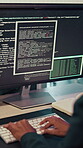 Coding, hands and person typing on computer screen at office desk for cybersecurity. Troubleshooting, problem solving and programmer or software engineer with online code, data or web solution