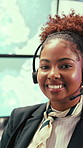 Face, agent or happy woman with headset in control room for security, navigation or safety. Portrait, female person or GIS consultant with smile or mic for virtual assistance, help or guidance system