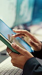 Hands, weather and screen with tablet for data, digital map or info for forecasting at office. Person, scroll and satellite tech for hurricane, application and storm development with meteorology