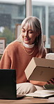 Remote work, supply chain and senior woman on laptop for inventory, dropshipping and online orders. Small business, home and mature person with package, label and box for ecommerce sale on computer