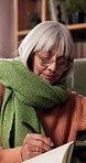 Relax, writing or senior woman with notebook in home, mental health practice or gratitude journal. Memory, comfortable or old person with diary for daily appreciation entry, personal growth or smile