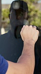 Man, delivery and knock with hand on window for courier service, alert or attention at front door. Male person, reflection or supplier with glass sound on residence for answer or response in house
