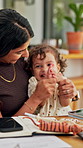 Mother, child and clapping hands by tablet in family home for playful fun, learning and remote job. Happy woman, toddler girl and laughing for play, applause or game with technology for freelancer