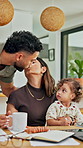 Kiss, morning and goodbye with family in home for greeting, support and connection. Coffee, affection and trust with parents and baby in finding room of apartment for happiness, leave and care