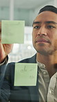 Writing, sticky notes and business man in office for planning, finance strategy and investment. Corporate, financial agency and person by glass wall for proposal, budget and brainstorming for kpi