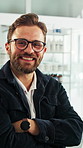 Happy, man and face of scientist in office with confidence for science career with growth. Smile, professional and portrait of biologist with pride for about us in workplace with pharmaceutical job.