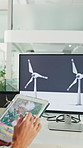 Screen, tablet and hands of woman with wind turbine design for power, renewable energy and climate. Innovation, windmill and person on tech for eco friendly solution, sustainability and digital map
