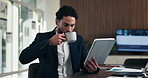 Business, tablet and man with coffee in office for stock market results, report or increase. Happy, tea and professional analyst with digital tech for monitoring growth, profit or company revenue