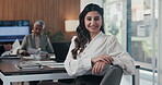 Face, business or woman with laugh in meeting, legal representative service or case management career. Portrait, professional or lawyer with confidence for lawsuit advice, smile or justice advocate