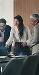 Review, meeting or team in firm with laptop, brainstorming or budget insight for funding pitch. People, paper or finance advisor with tech, problem solving or director feedback on investment proposal