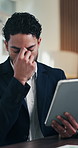 Man, tablet and frustrated with error at office with notes, crisis or worry at investment company. Person, tech and financial advisor with stress on application, notification or mistake at agency