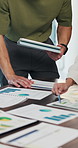 Data analysis, meeting or hands in firm with paper, teamwork or budget strategy on revenue growth. Stats, people or finance staff with tablet, problem solving or performance review in risk assessment