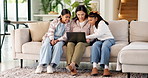 Video game, mom or children in home with laptop, playing together or good time in digital contest. Laugh, parent or girls on couch with tech, family bonding or fun competition in virtual activity.