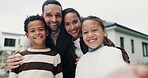Selfie, face or parents with children by new house, tongue out or web post for real estate purchase. Smile, silly expression or people with kids for photography, property investment or outdoor pov