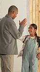 Help, father and high five child with backpack for education, support and back to school. Happy family, man and girl getting ready for morning routine, study motivation and development in home