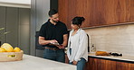 Clipboard, planning and plumber with woman in kitchen with discussion for maintenance or repairs. Checklist, conversation and contractor with female customer for renovation in home with service.