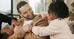 Father, girl and tickle with children on couch for play, bonding or love with connection in living room. People, dad and kids with games, laugh and fun on sofa, joke or relax at family house