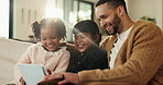 Father, children and relax with tablet on sofa for streaming, funny movie and laugh in living room. People, dad and child with tech for film subscription, smile or application at happy family house