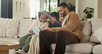 Dad, children and relax with tablet on sofa for streaming, funny movie and laugh in living room. People, father and child with tech for film subscription, smile or connection at happy family house