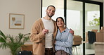 Face, couple and hug with keys to new home for property purchase, moving in and marriage goals. Real estate, happy people and embrace with keychain for dream house, investment and relocation support