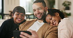 Father, children and happy with selfie on couch for bonding, love or post on web in living room. People, dad and kids with photography on mobile app, relax or memory with care at blended family house