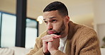 Mental health, overthinking or man in house with regret, anxiety trigger or memory of past trauma. Reflection, stress or person with depression, flashback or overwhelmed with emotional thoughts.