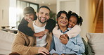 Love, face and hug kids in family home for connection, bonding together and care with parents. Children, mother and father with piggyback at living room for relax, smile and trust on weekend break